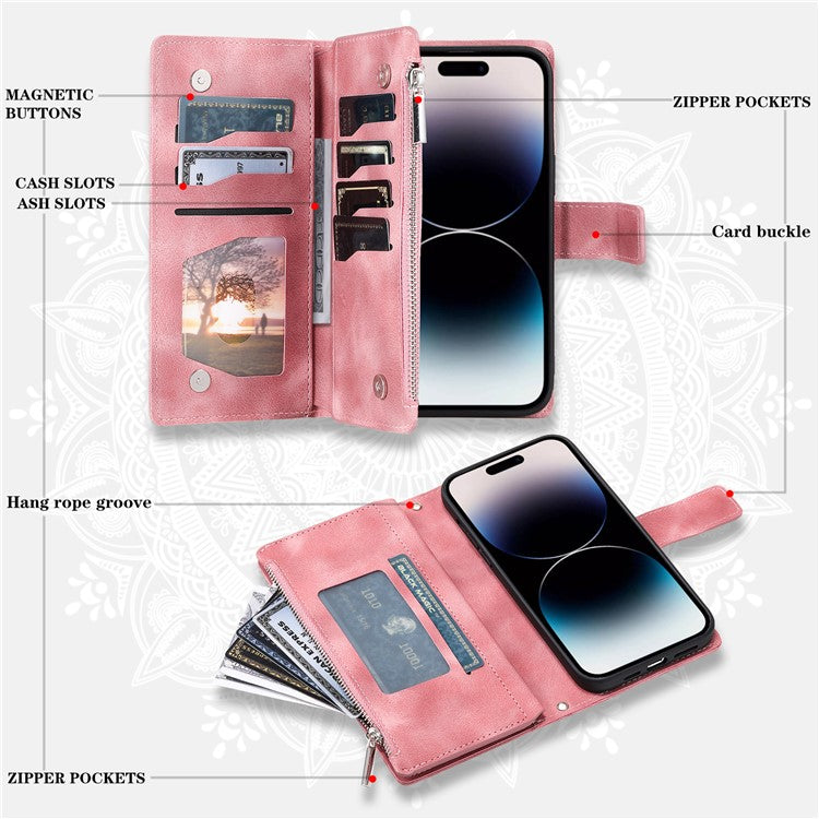 Style 006 For iPhone 16 Plus Case Mandala Flower Pattern PU Leather Zipper Wallet Phone Cover - Rose Gold