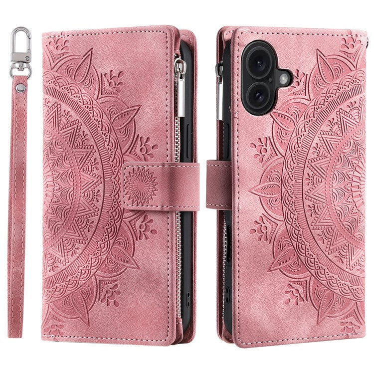 Style 006 For iPhone 16 Plus Case Mandala Flower Pattern PU Leather Zipper Wallet Phone Cover - Rose Gold