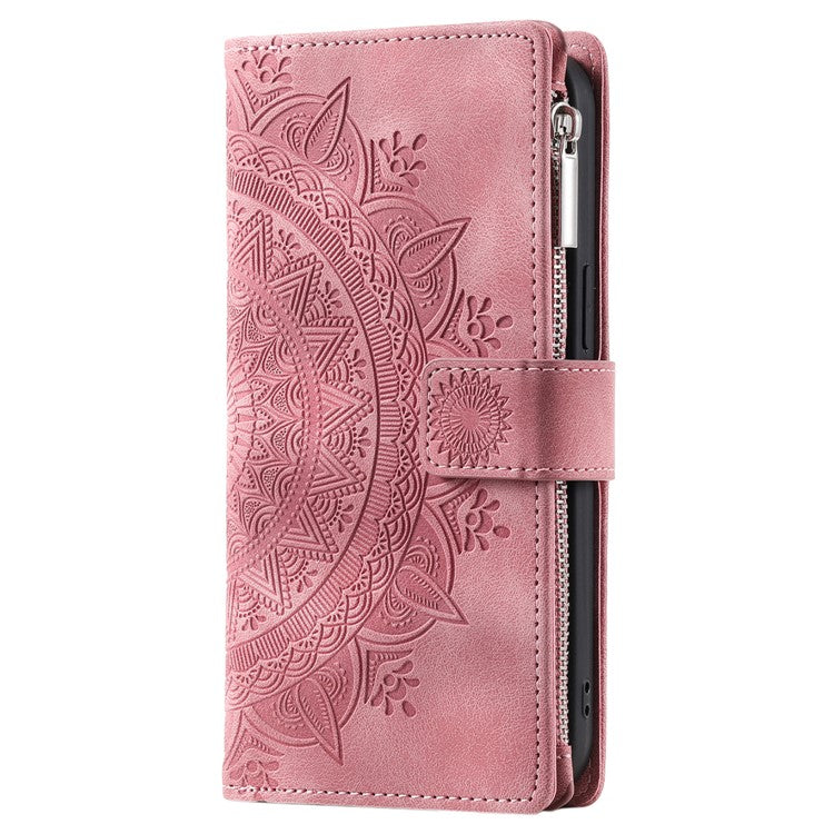 Style 006 For iPhone 16 Plus Case Mandala Flower Pattern PU Leather Zipper Wallet Phone Cover - Rose Gold