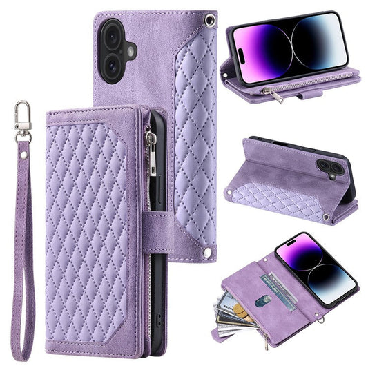 Style 005 For iPhone 16 Plus Case Rhombus Stitching Line PU Leather Zipper Wallet Phone Cover - Purple