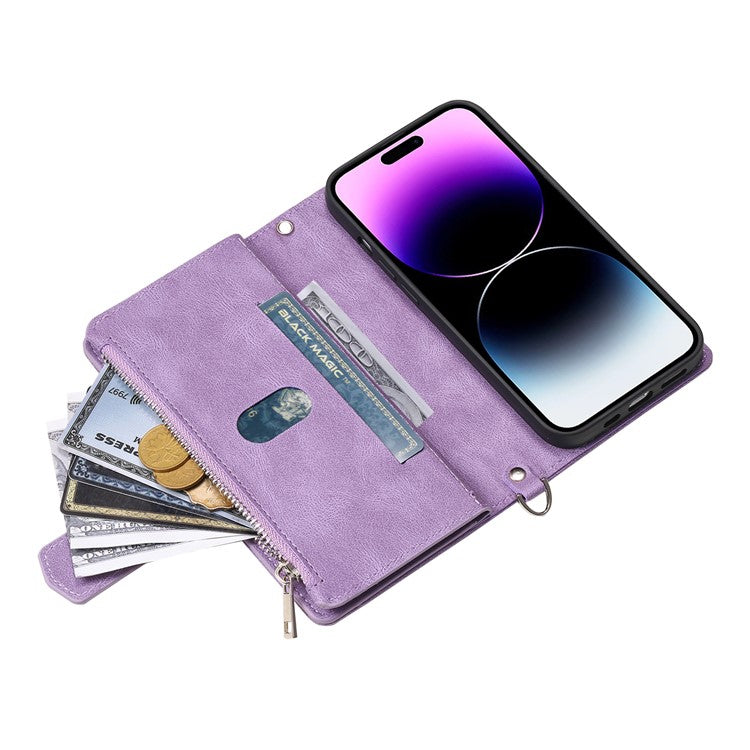 Style 005 For iPhone 16 Plus Case Rhombus Stitching Line PU Leather Zipper Wallet Phone Cover - Purple