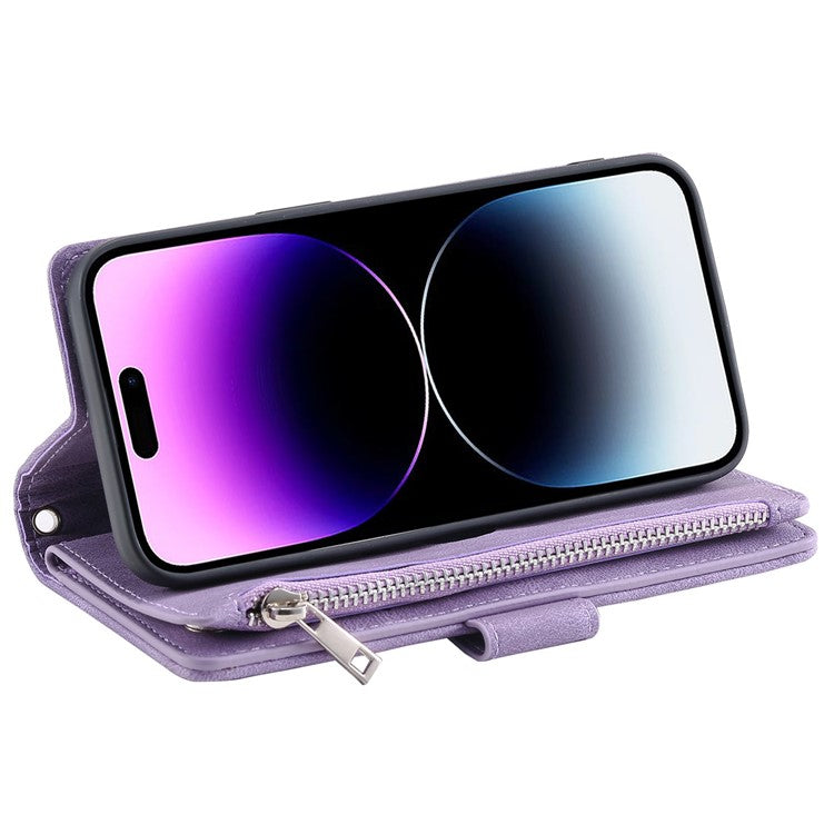 Style 005 For iPhone 16 Plus Case Rhombus Stitching Line PU Leather Zipper Wallet Phone Cover - Purple