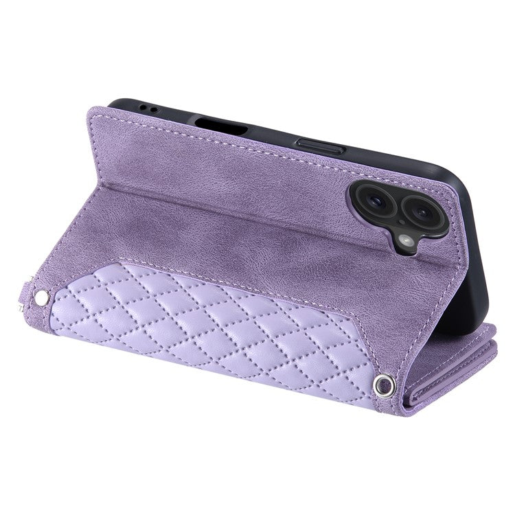 Style 005 For iPhone 16 Plus Case Rhombus Stitching Line PU Leather Zipper Wallet Phone Cover - Purple