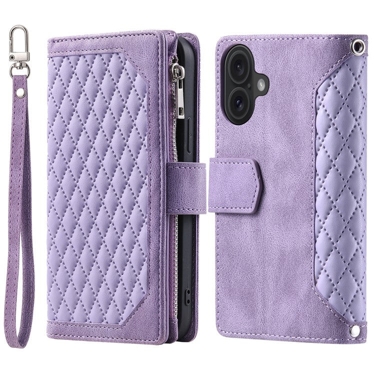 Style 005 For iPhone 16 Plus Case Rhombus Stitching Line PU Leather Zipper Wallet Phone Cover - Purple