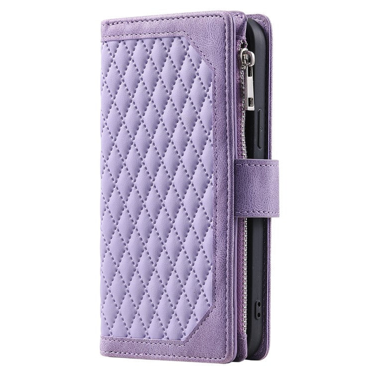 Style 005 For iPhone 16 Plus Case Rhombus Stitching Line PU Leather Zipper Wallet Phone Cover - Purple