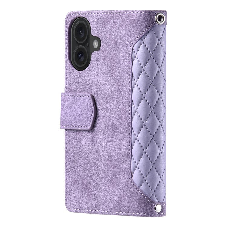 Style 005 For iPhone 16 Plus Case Rhombus Stitching Line PU Leather Zipper Wallet Phone Cover - Purple