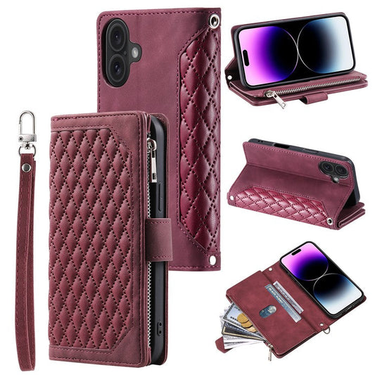 Style 005 For iPhone 16 Plus Case Rhombus Stitching Line PU Leather Zipper Wallet Phone Cover - Wine Red