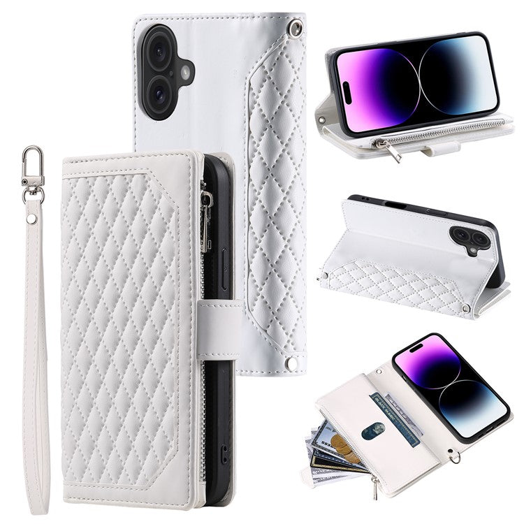 Style 005 For iPhone 16 Plus Case Rhombus Stitching Line PU Leather Zipper Wallet Phone Cover - White