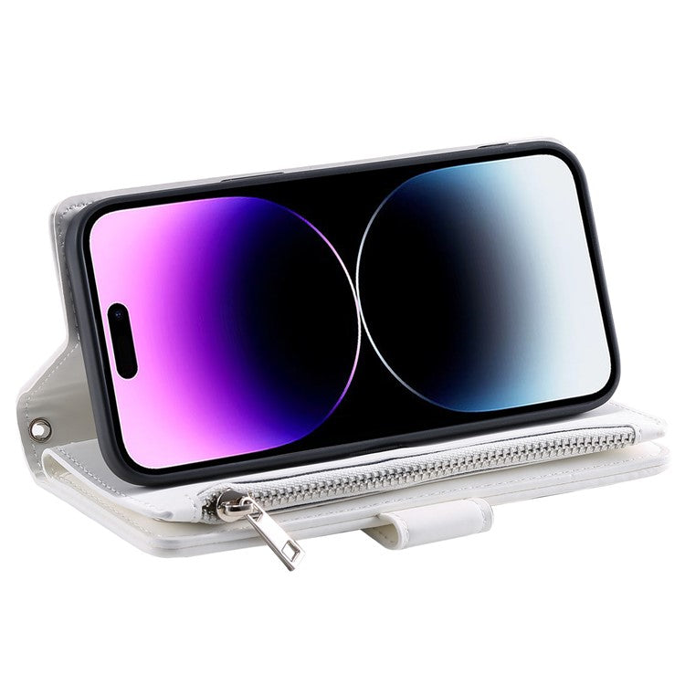 Style 005 For iPhone 16 Plus Case Rhombus Stitching Line PU Leather Zipper Wallet Phone Cover - White