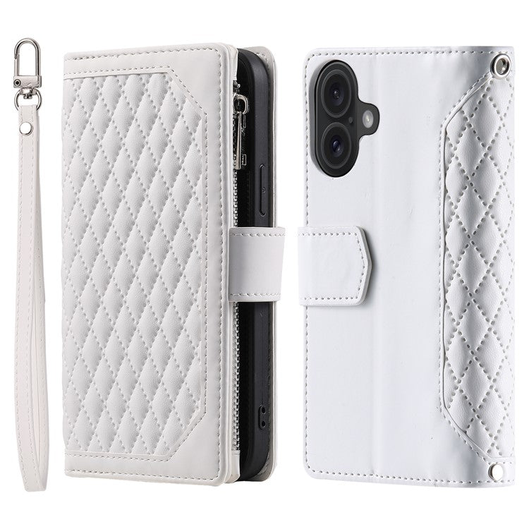 Style 005 For iPhone 16 Plus Case Rhombus Stitching Line PU Leather Zipper Wallet Phone Cover - White