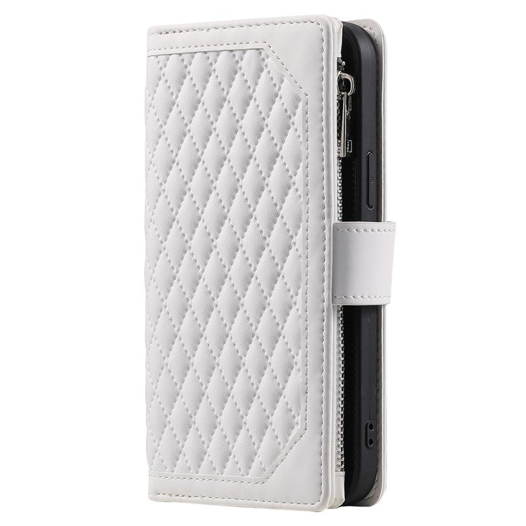 Style 005 For iPhone 16 Plus Case Rhombus Stitching Line PU Leather Zipper Wallet Phone Cover - White