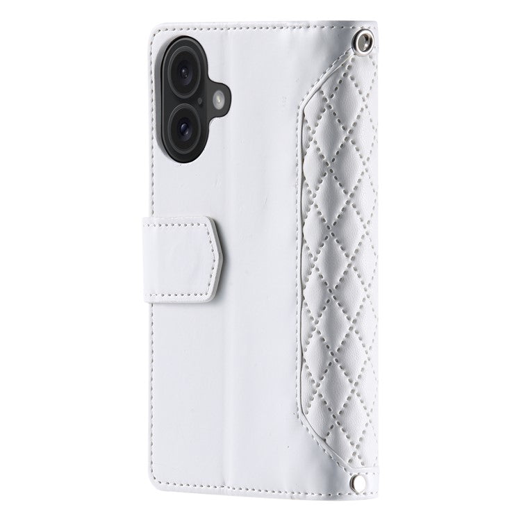 Style 005 For iPhone 16 Plus Case Rhombus Stitching Line PU Leather Zipper Wallet Phone Cover - White
