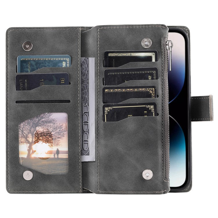 Style 006 For iPhone 16 Case PU Leather Wallet Phone Cover Mandala Flower Pattern - Grey