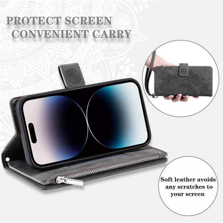 Style 006 For iPhone 16 Case PU Leather Wallet Phone Cover Mandala Flower Pattern - Grey