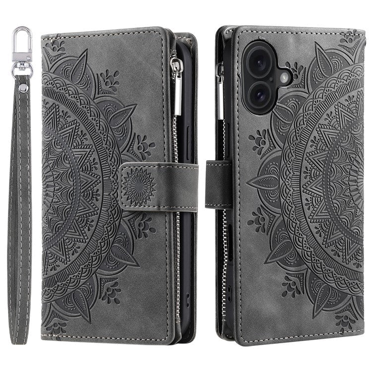 Style 006 For iPhone 16 Case PU Leather Wallet Phone Cover Mandala Flower Pattern - Grey