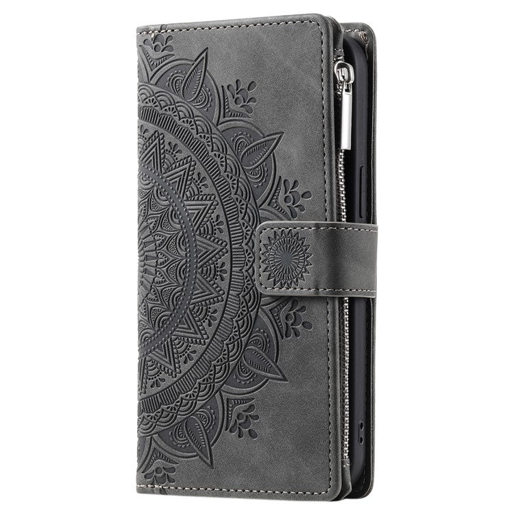 Style 006 For iPhone 16 Case PU Leather Wallet Phone Cover Mandala Flower Pattern - Grey