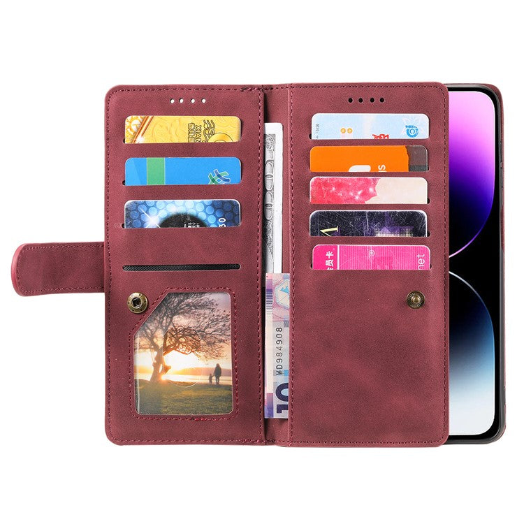 For iPhone 16 Plus Case Zipper Pocket 9 Card Slots PU Leather Phone Cover - Wine Red