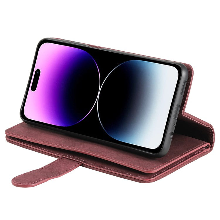 For iPhone 16 Plus Case Zipper Pocket 9 Card Slots PU Leather Phone Cover - Wine Red