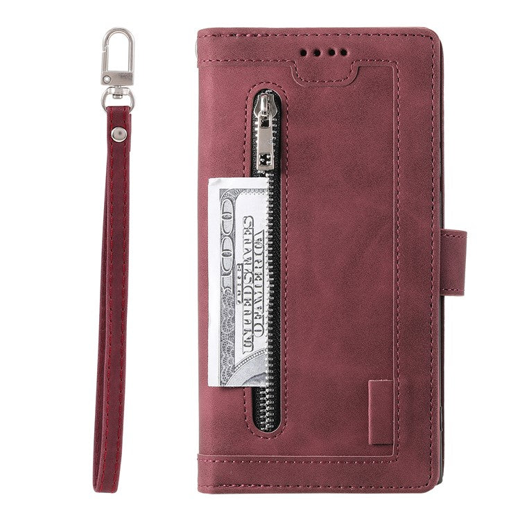 For iPhone 16 Plus Case Zipper Pocket 9 Card Slots PU Leather Phone Cover - Wine Red