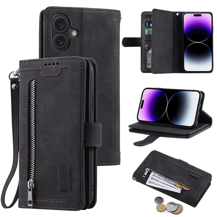 For iPhone 16 Case PU Leather Phone Cover with Zipper Wallet 9 Card Slots - Black