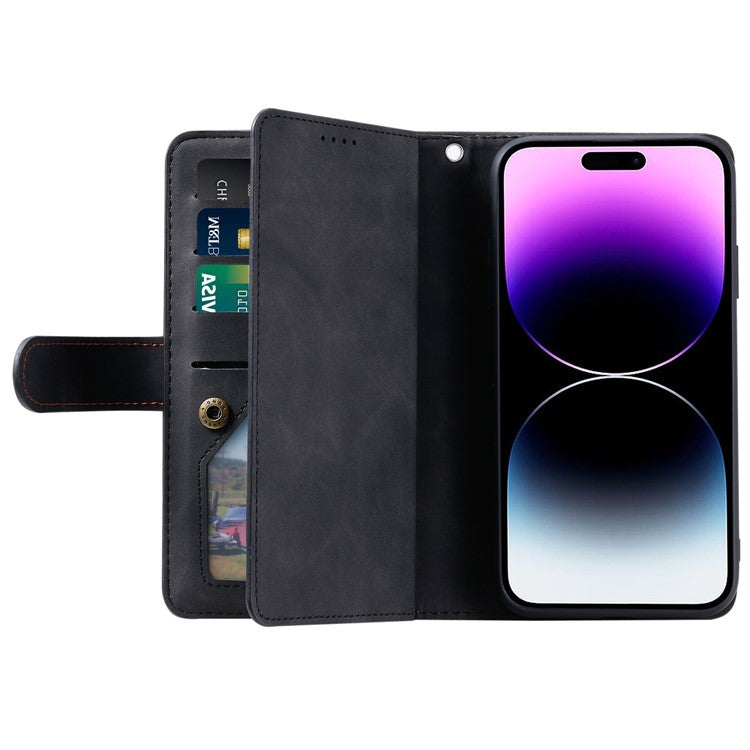 For iPhone 16 Case PU Leather Phone Cover with Zipper Wallet 9 Card Slots - Black