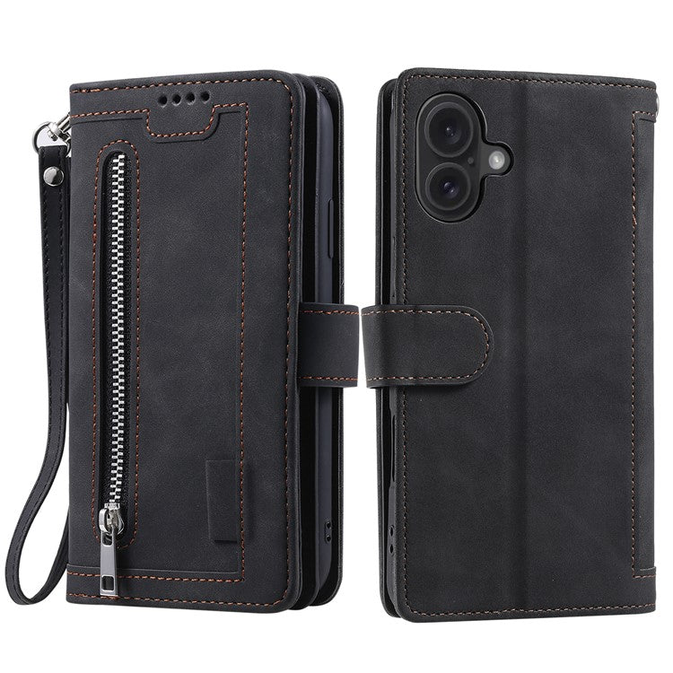 For iPhone 16 Case PU Leather Phone Cover with Zipper Wallet 9 Card Slots - Black