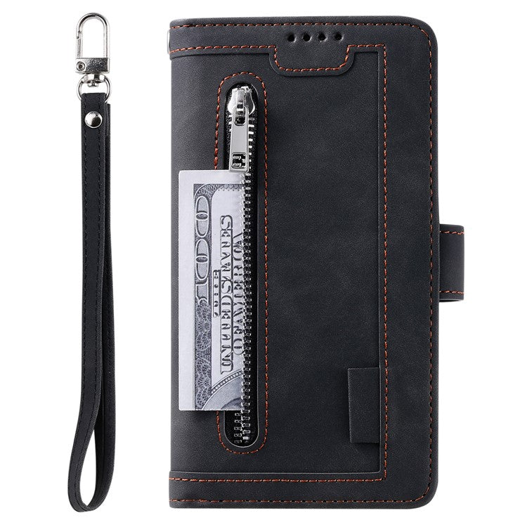 For iPhone 16 Case PU Leather Phone Cover with Zipper Wallet 9 Card Slots - Black