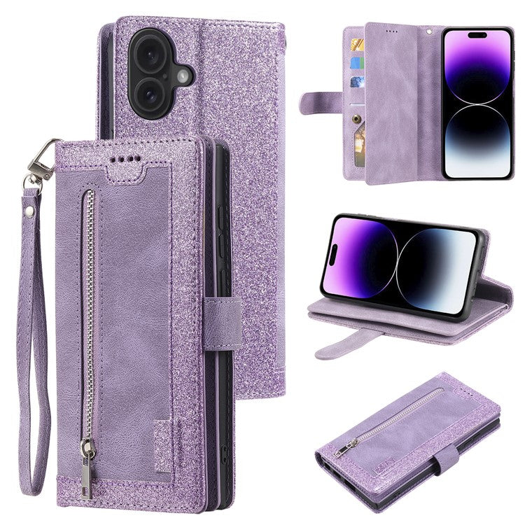 For iPhone 16 Case PU Leather Phone Cover with Zipper Wallet 9 Card Slots - Purple