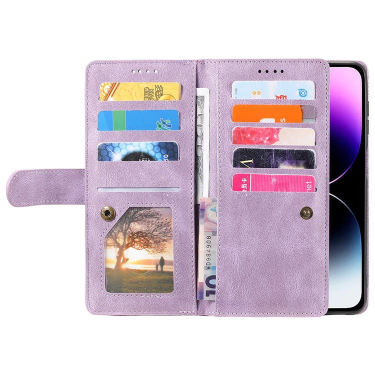 For iPhone 16 Case PU Leather Phone Cover with Zipper Wallet 9 Card Slots - Purple