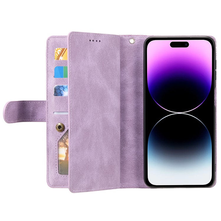 For iPhone 16 Case PU Leather Phone Cover with Zipper Wallet 9 Card Slots - Purple