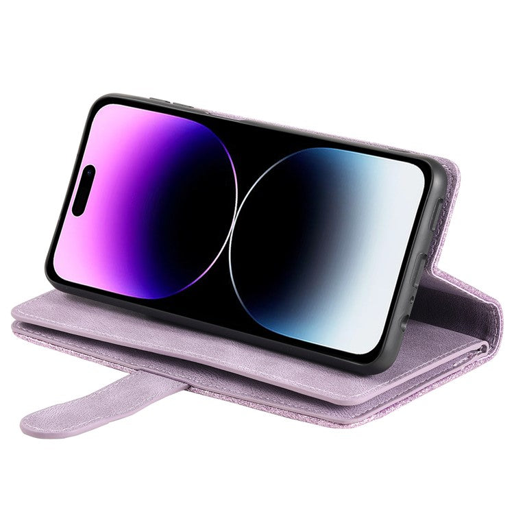 For iPhone 16 Case PU Leather Phone Cover with Zipper Wallet 9 Card Slots - Purple