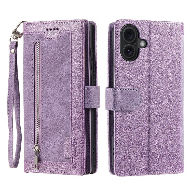 For iPhone 16 Case PU Leather Phone Cover with Zipper Wallet 9 Card Slots - Purple