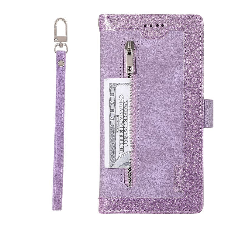 For iPhone 16 Case PU Leather Phone Cover with Zipper Wallet 9 Card Slots - Purple