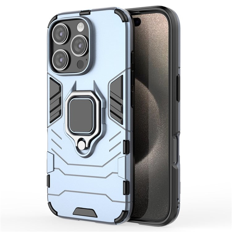 For iPhone 16 Pro Case PC+TPU Ring Kickstand Protective Phone Cover - Blue