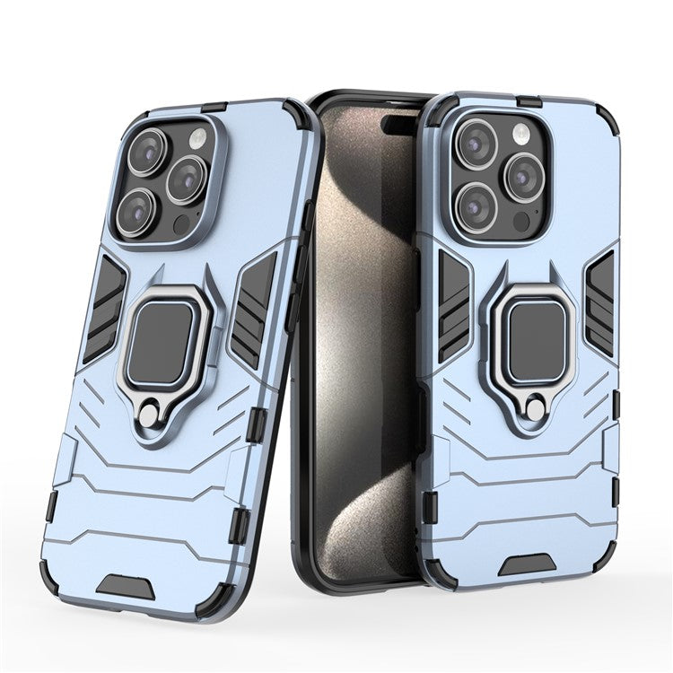 For iPhone 16 Pro Case PC+TPU Ring Kickstand Protective Phone Cover - Blue