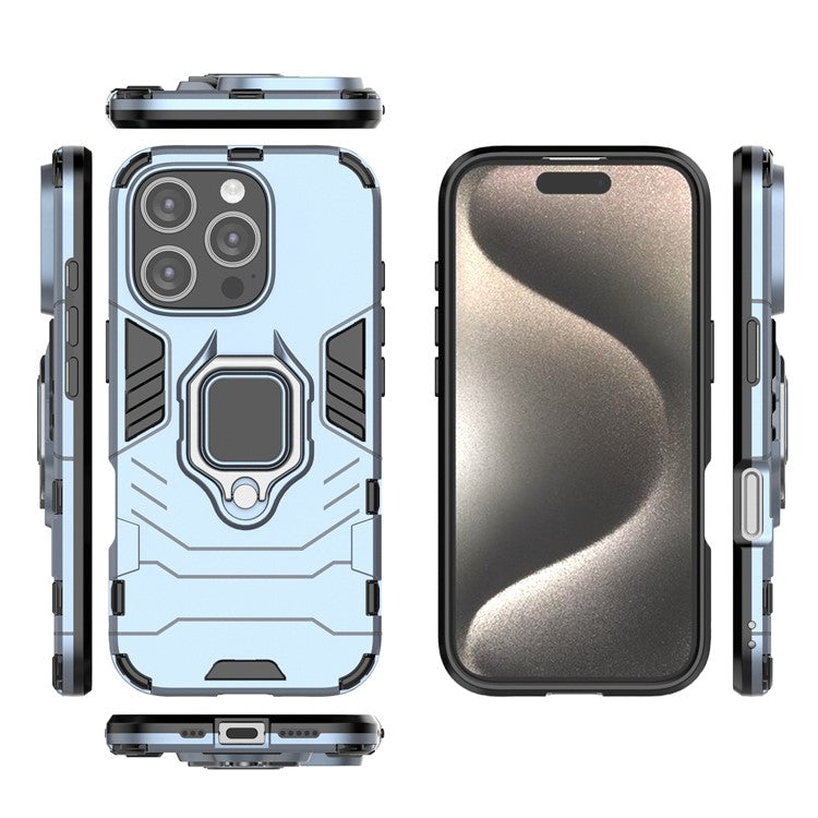 For iPhone 16 Pro Case PC+TPU Ring Kickstand Protective Phone Cover - Blue