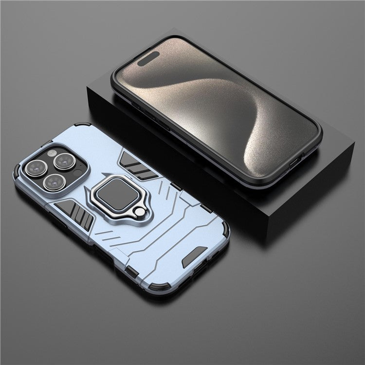 For iPhone 16 Pro Case PC+TPU Ring Kickstand Protective Phone Cover - Blue