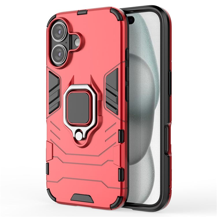 For iPhone 16 Case PC+TPU Ring Holder Kickstand Phone Armor Cover - Red