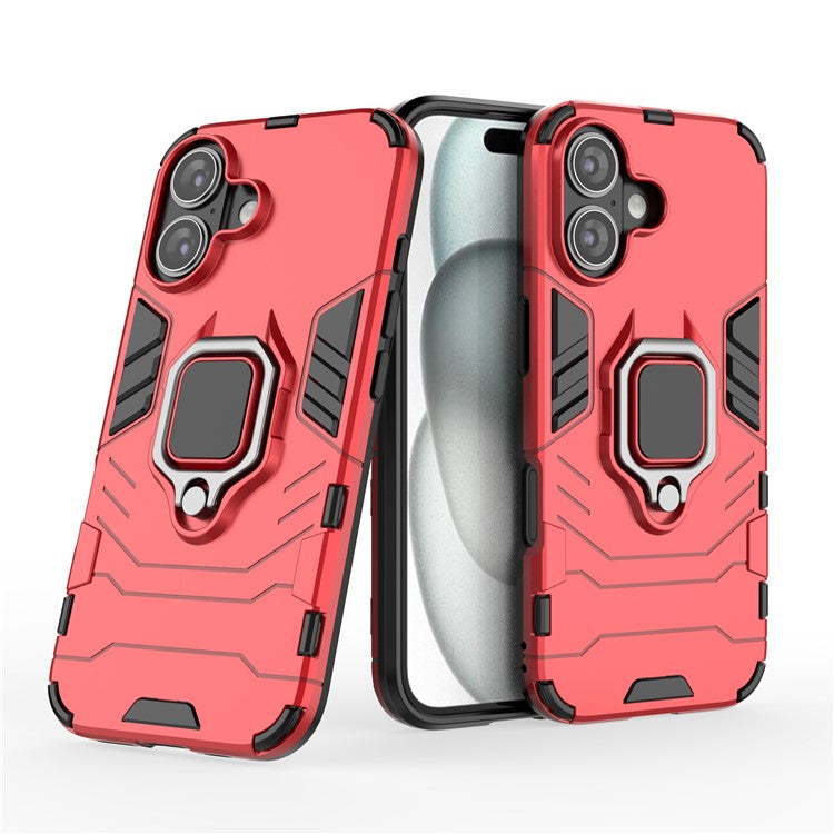 For iPhone 16 Case PC+TPU Ring Holder Kickstand Phone Armor Cover - Red