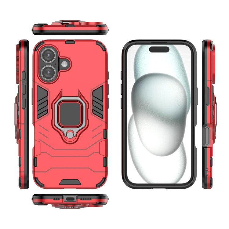 For iPhone 16 Case PC+TPU Ring Holder Kickstand Phone Armor Cover - Red