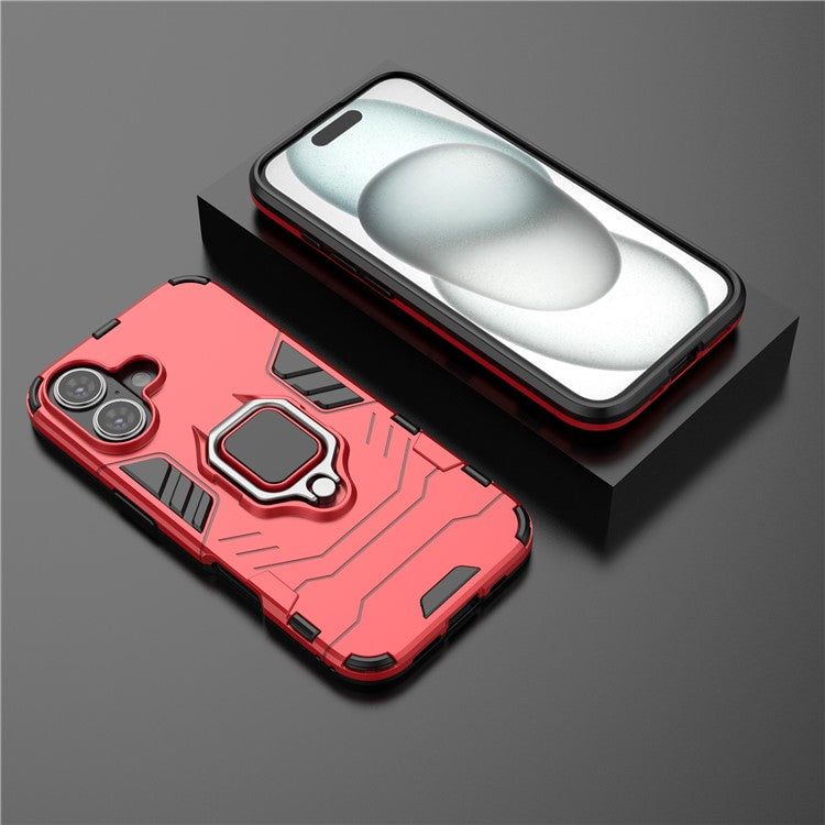 For iPhone 16 Case PC+TPU Ring Holder Kickstand Phone Armor Cover - Red