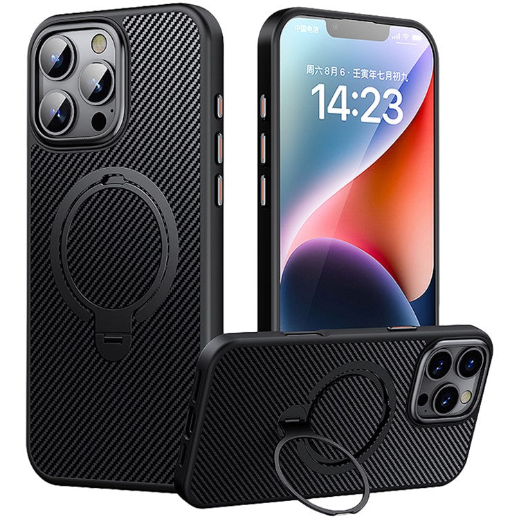 For iPhone 16 Pro Case Magnetic Kickstand PC+TPU Phone Cover Carbon Fiber Texture - Black