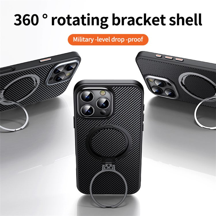 For iPhone 16 Pro Case Magnetic Kickstand PC+TPU Phone Cover Carbon Fiber Texture - Black