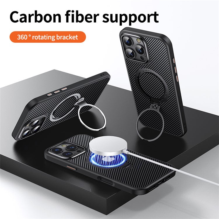 For iPhone 16 Pro Case Magnetic Kickstand PC+TPU Phone Cover Carbon Fiber Texture - Black