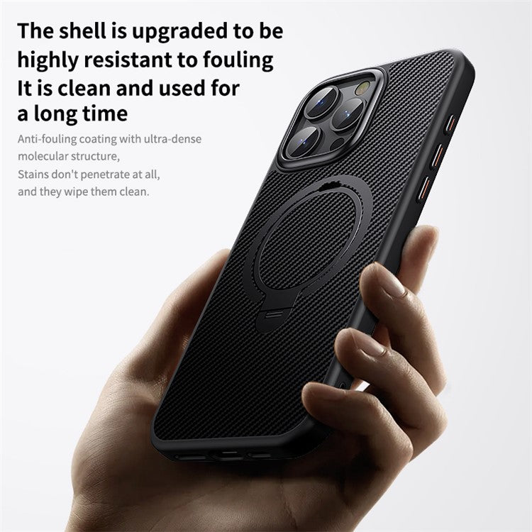 For iPhone 16 Pro Case Magnetic Kickstand PC+TPU Phone Cover Carbon Fiber Texture - Black