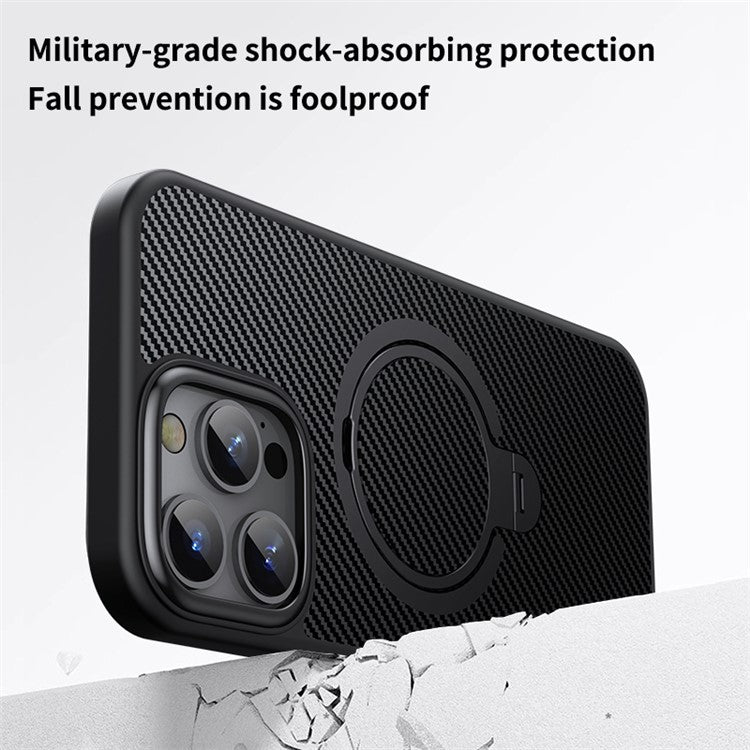 For iPhone 16 Pro Case Magnetic Kickstand PC+TPU Phone Cover Carbon Fiber Texture - Black