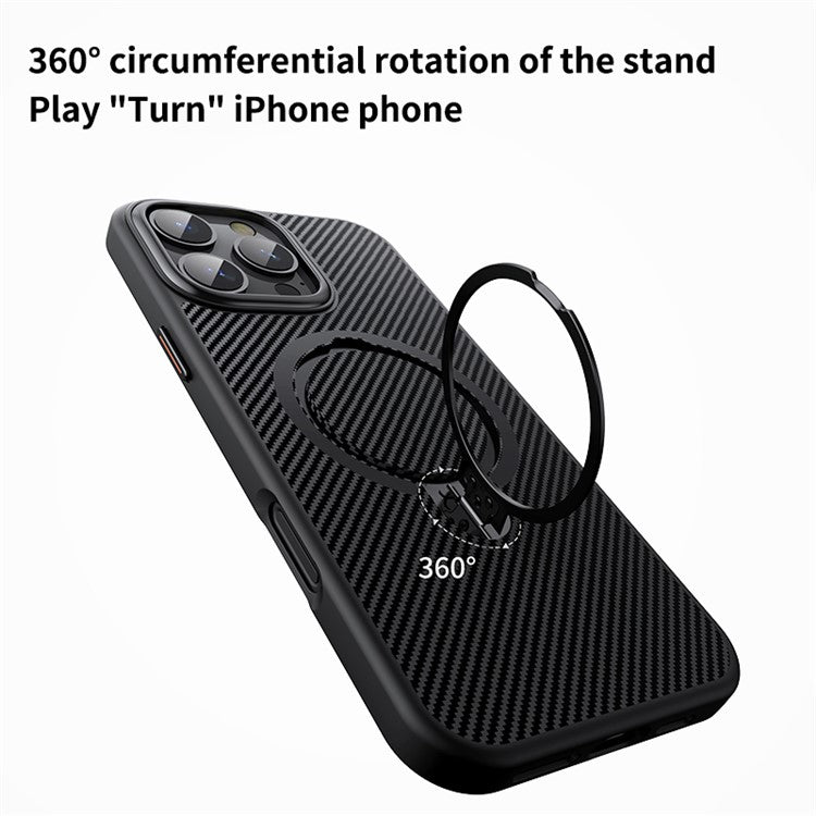 For iPhone 16 Pro Case Magnetic Kickstand PC+TPU Phone Cover Carbon Fiber Texture - Black