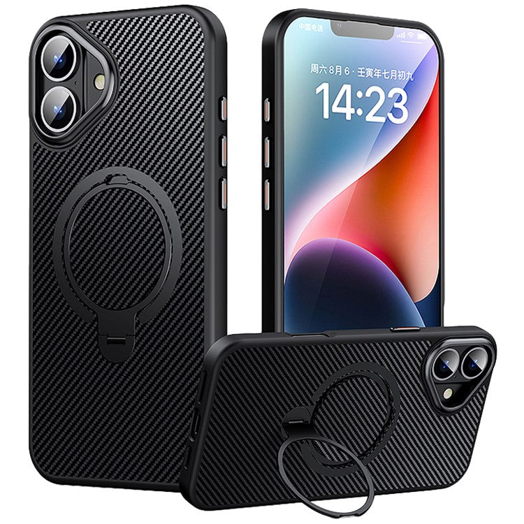 For iPhone 16 Plus Magnetic Case Ring Holder Kickstand PC+TPU Shockproof Phone Cover - Black