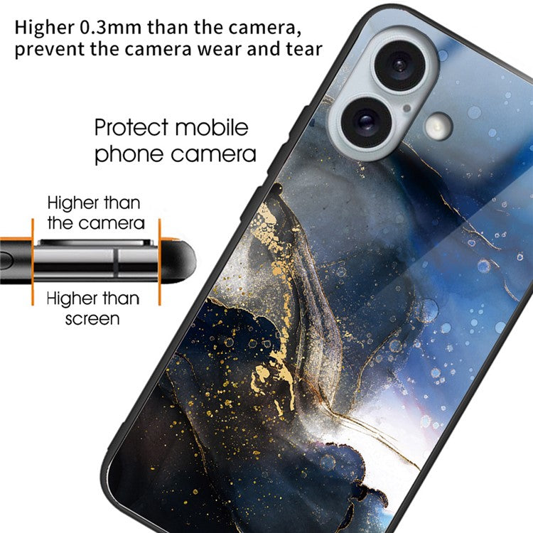 For iPhone 16 Case Tempered Glass+TPU Phone Protector Pattern Printing - Black Blue