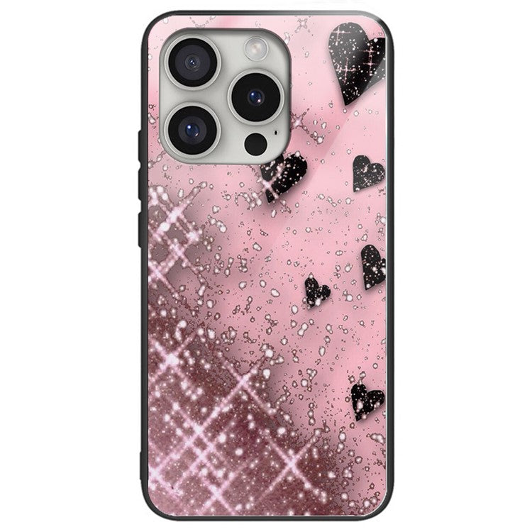 For iPhone 16 Pro Cases Pattern Printed Anti-Drop Tempered Glass+TPU Phone Cover - Love / Pink